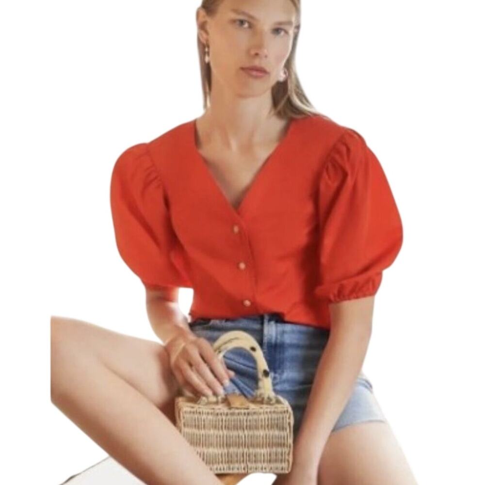 Tory Burch NWT Cotton Poplin V-Neck Blouse with Puff Sleeves RED Size 12